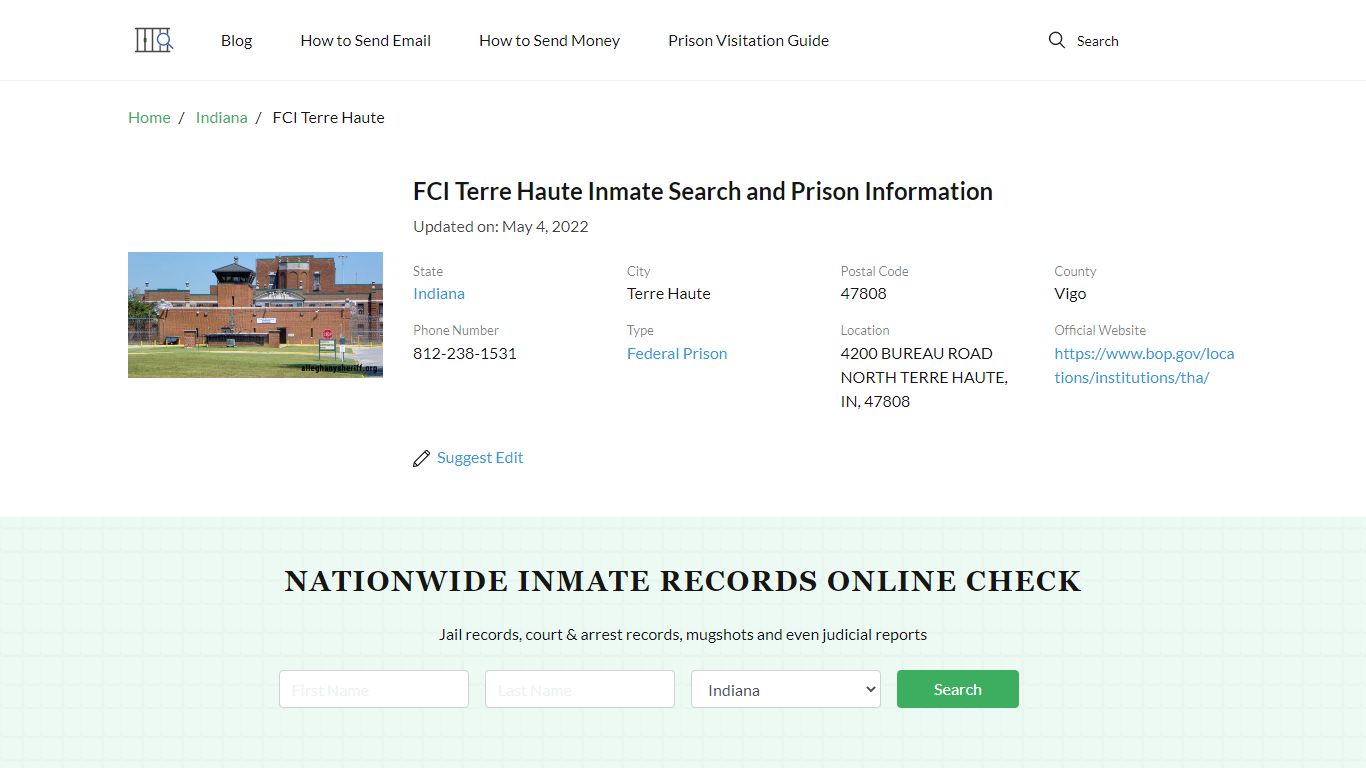FCI Terre Haute Inmate Search, Visitation, Phone no ...